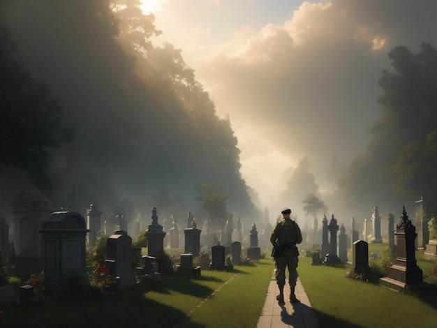 Um soldado no cemitério homenageando seus companheiros no Memorial Day