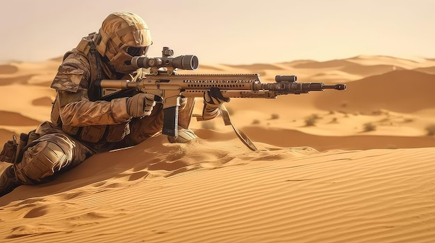 Um soldado no deserto com um rifle