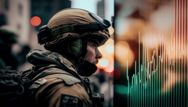 Foto um soldado olha para uma tela que diz 'o futuro do mundo'