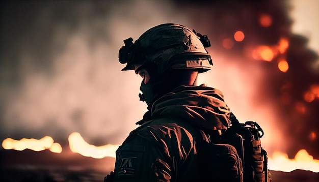 Um soldado olhando para um campo de batalha em chamas Generative AI