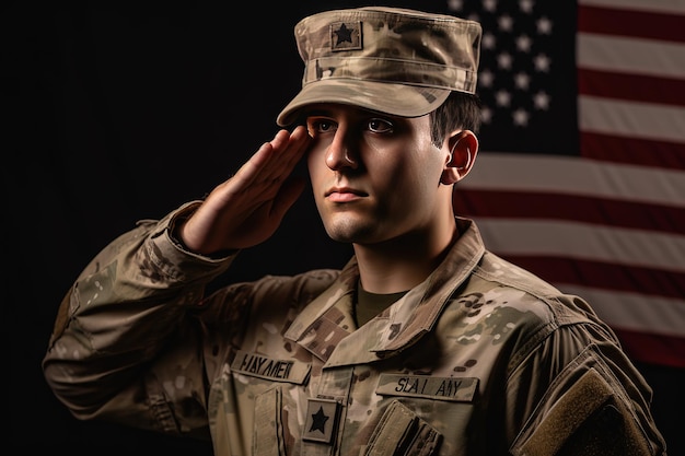 um soldado saudando com fundo de bandeira americana