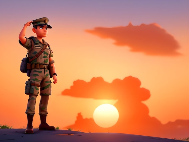 Foto um soldado saudando contra o pano de fundo de um sol pôr-do-sol no memorial day ai generate image