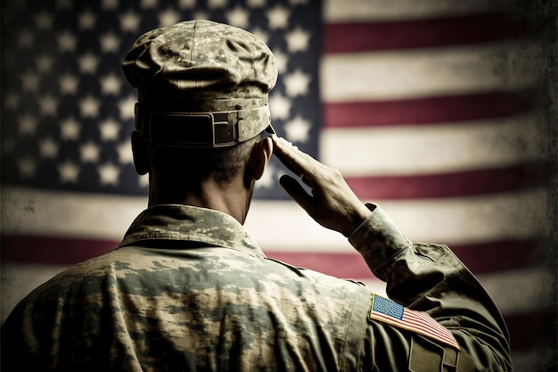 Um soldado saudando em frente a uma bandeira