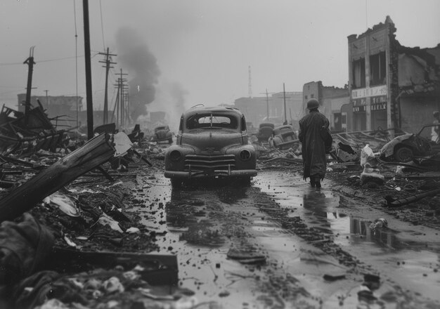 Foto um soldado solitário caminha pelas ruínas de hiroshima depois que a bomba atômica foi lançada