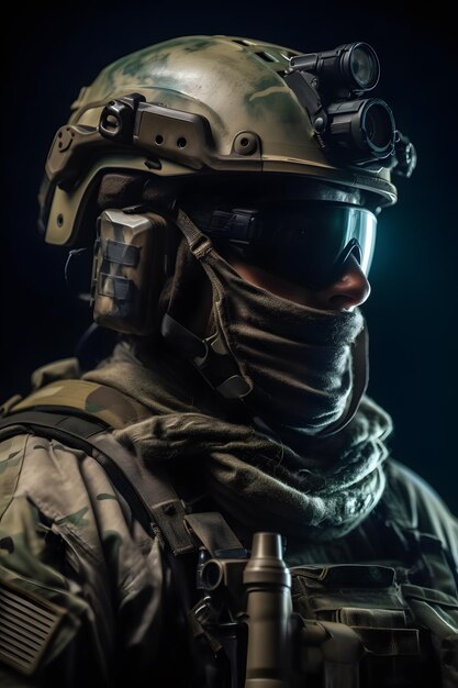 Um soldado usando um capacete e um capacete com as letras e nele.