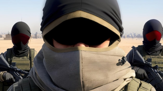 Um soldado vestindo uma máscara e uma máscara