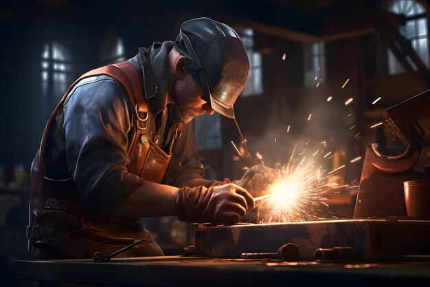 Um soldador habilidoso criando faíscas enquanto trabalhava em um projeto de fabricação de metal