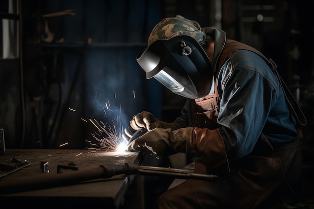 Um soldador trabalhando em um pedaço de metal