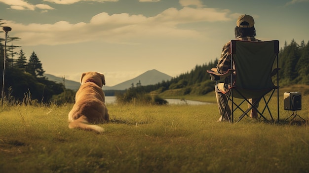 Foto um solitário sentado de costas na cadeira de acampamento com o grande cachorro ia generativa