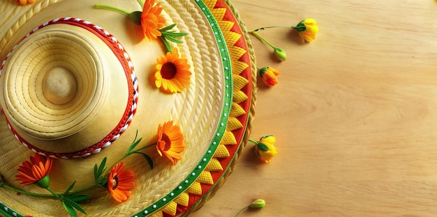 Um sombrero mexicano vibrante arranjado com margaridas gerbera brilhantes em um fundo texturizado.
