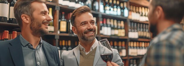 Foto um sommelier de lojas de vinhos faz um homem uma recomendação de vinho