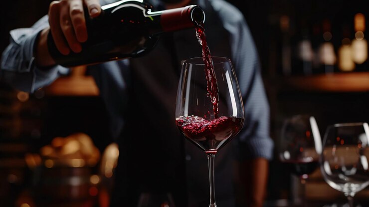 Foto um sommelier derramando vinho em um copo capturando o movimento fluido e a rica cor do vinho