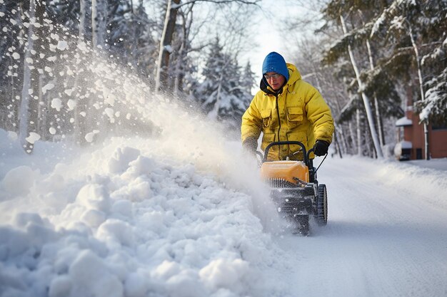 Foto um soprador de neve a limpar uma entrada