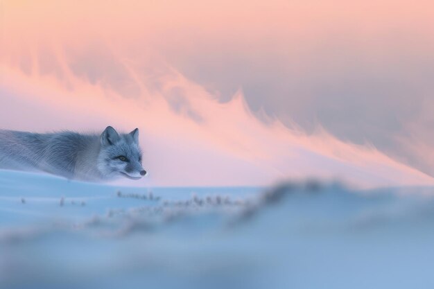 Um sopro de raposa visível na fria luz do amanhecer ártico