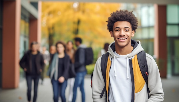 um sorridente estudante internacional de 17 anos na universidade na Alemanha