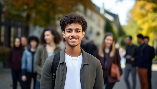 um sorridente estudante internacional de 17 anos na universidade na Alemanha