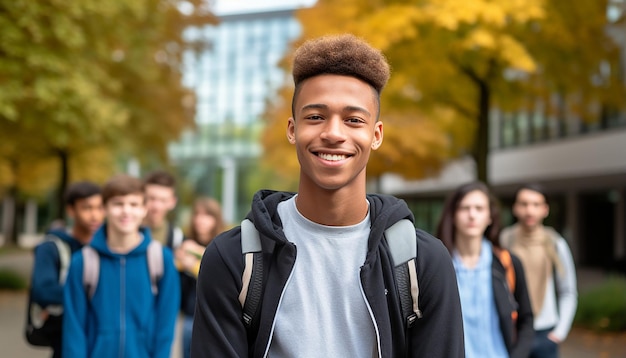 um sorridente estudante internacional de 17 anos na universidade na Alemanha