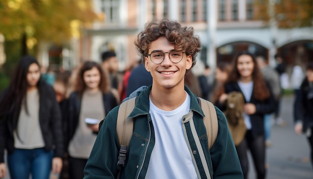 um sorridente estudante internacional de 17 anos na universidade na Alemanha