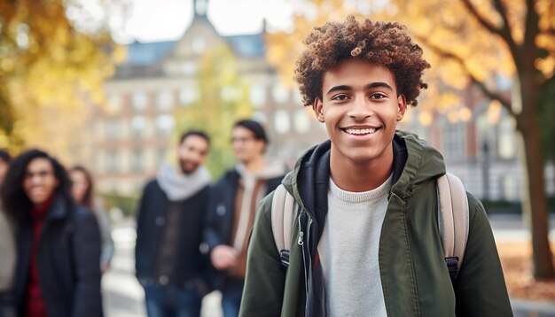 um sorridente estudante internacional de 17 anos na universidade na Alemanha