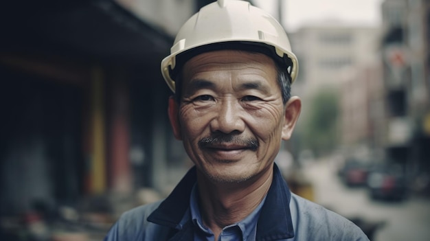 Um sorridente trabalhador da construção civil chinês sênior em pé no canteiro de obras