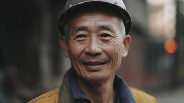 Um sorridente trabalhador da construção civil chinês sênior em pé no canteiro de obras