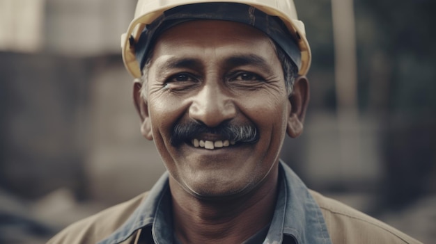 Um sorridente trabalhador da construção civil indiano sênior em pé no canteiro de obras