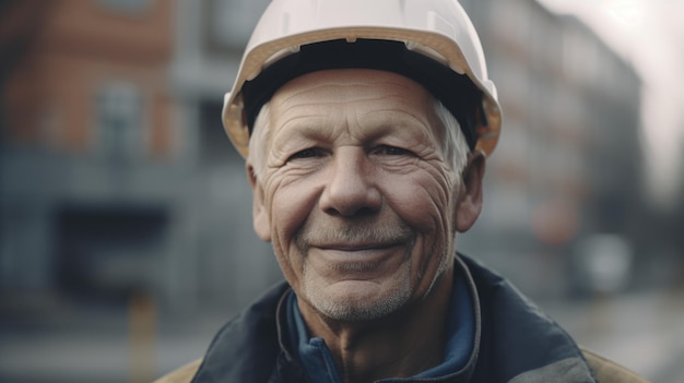 Um sorridente trabalhador da construção civil sueco sênior em pé no canteiro de obras