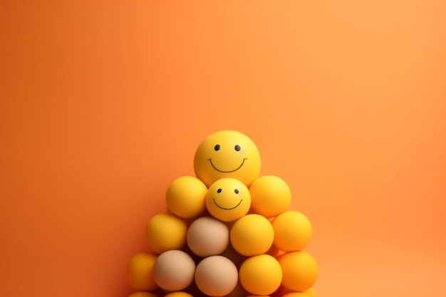 Um sorriso alegre feito de bolas de plástico amarelas em fundo laranja