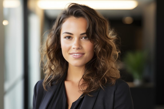 Um sorriso cativante Uma mulher com cabelos castanhos longos e um casaco preto irradiando confiança durante