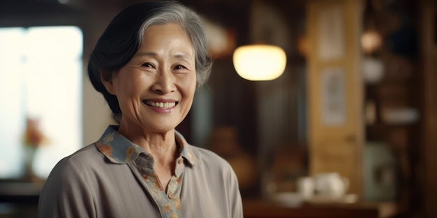 Um sorriso feliz ilumina o rosto de uma alegre e envelhecida mulher asiática