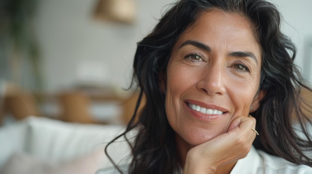 Um sorriso genuíno ilumina o rosto de uma mulher madura, evocando calor e acessibilidade