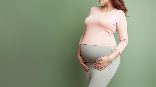 Um sorriso satisfeito acompanha as mãos de uma mulher grávida em sua barriga