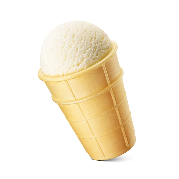Foto um sorvete de baunilha em um cone ou copo de açúcar waffle crocante isolado em fundo branco