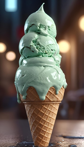 Um sorvete de chocolate e hortelã publicitário em fundo branco