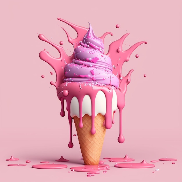 Um sorvete rosa com glacê rosa e uma casquinha rosa com a palavra sorvete.
