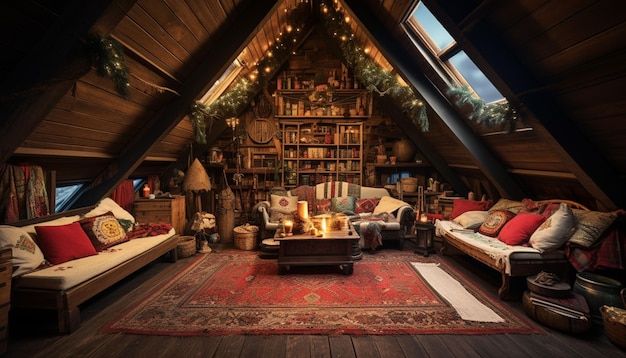 Um sótão aconchegante repleto de decoração de Natal vintage