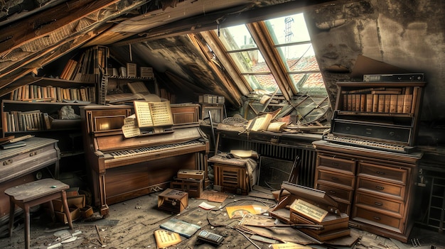 Um sótão empoeirado e abandonado está cheio de móveis e instrumentos musicais esquecidos o piano esquecido está no centro da sala
