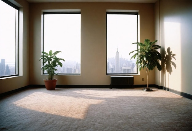 Um sótão vazio, sala de estar, ático em Nova Iorque, Madrid, Londres, com plantas, janelas, tapete, realidade aumentada.