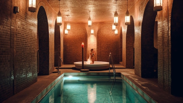 Um spa com piscina e lustre