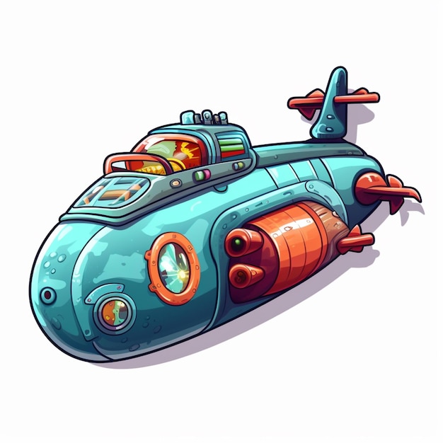 Um submarino de desenho animado que é azul e laranja