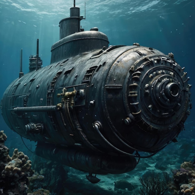 Um submarino está debaixo de um recife de coral com as palavras "nave" no fundo.
