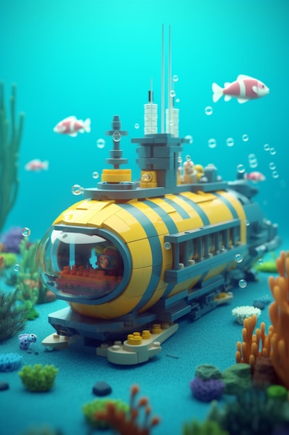 Um submarino está sob a água e é amarelo e azul.