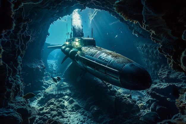 Um submarino explorando um sistema de cavernas subaquáticas te generative ai