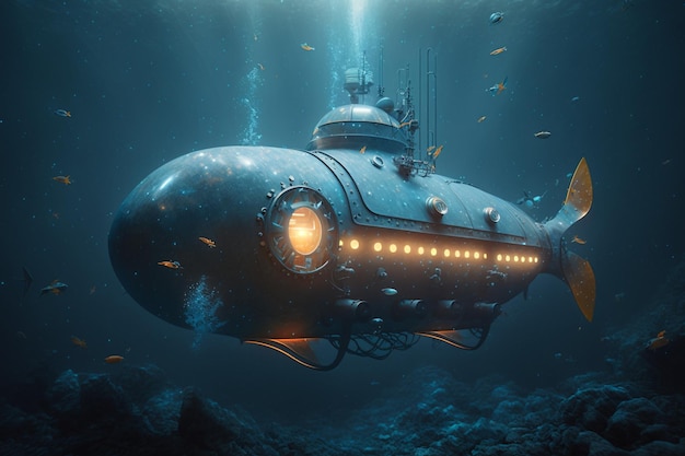 Um submarino no oceano com uma luz amarela no fundo.