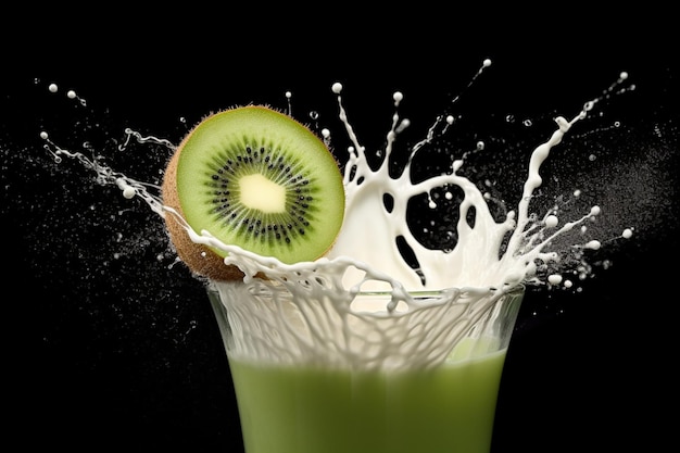 Um suco de kiwi está sendo derramado em um copo com um pouco de líquido verde.