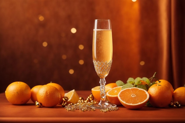 Um suco de laranja luxuoso e elegante num copo de vidro.