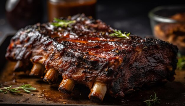 Um suculento bife grelhado, fumado e pronto para comer, gerado pela IA.