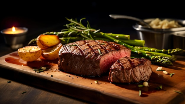 Um suculento bife grelhado na perfeição e servido com acompanhamento de batatas assadas e aspargos