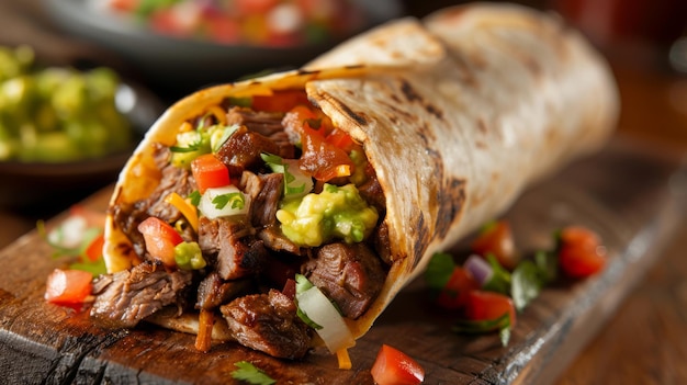 Um suculento burrito de carne asada com salsa e guacamole