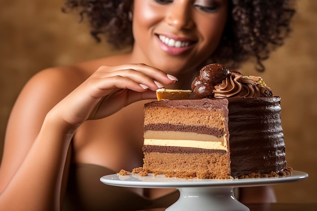 Um suculento pedaço de bolo de chocolate um lanche tentador para mulheres em dieta